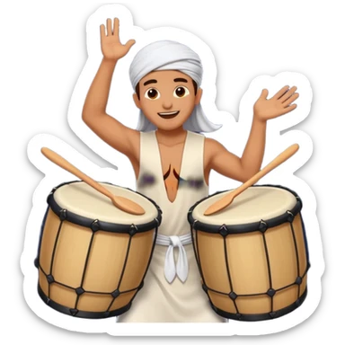 person enthusiastically beating a drum for sahur, joyful expression, night sky background, festive Ramadan vibe sticker