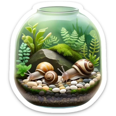 A collection of various snails and mollusks inside a small, lush terrarium with plants and moss. Some snails are crawling along the glass while others rest on pebbles. The scene is serene with soft lighting, showcasing the natural beauty of the mollusks. Transparent background. sticker
