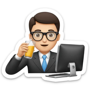 Hombre blanco con gafas tomando un refresco frente a un ordenador sticker