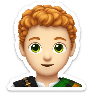 A Scottish male kid with a kilt, he has ginger hair and green eyes he also is wearing a sporran  sticker