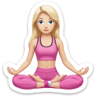  long blown out blonde hair woman blue eyes wearing pink workout set doing pilates sticker