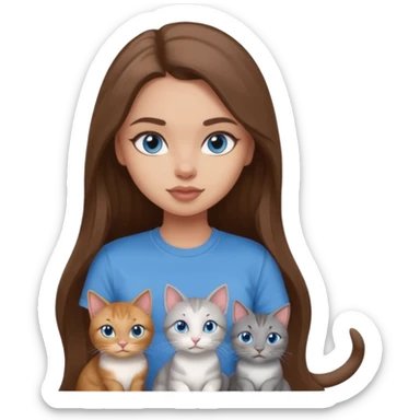 a pretty bratz dusky light skin girl with long brown hair, blue eyes with six cats nd wearing a grey tshirt sticker