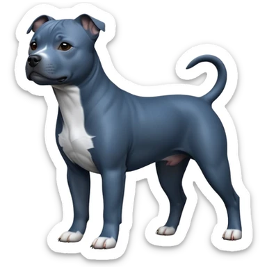 cinematic-[Staffordshire bull terrier]-realistic-full-body-standing-emoji,-tail-resting-loosely-beside-its-paws,-head-tilted-dramatically, -sleek-[dark blue grey]-fur,-simplified-yet-realistic-focused-features,-highly-detailed,-glowing-with-an-almost-sarcastic-glow sticker