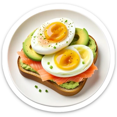 mashed avocado on sourdough toast with soft boiled egg and smoked salmon sticker