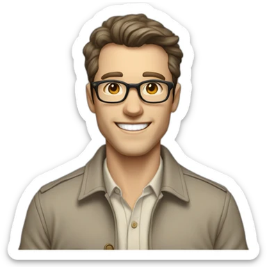 Joyful Pale skinned Fit Man With dark brown hair in gray jacket, beige office shirt, Brown pants and vintage glasses. His thrumbs up sticker