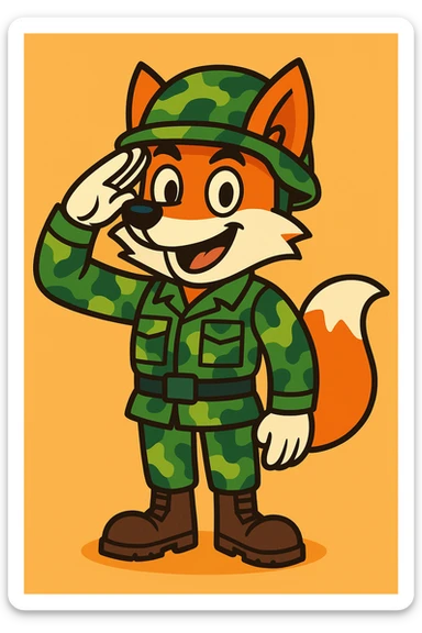 cartoon fox in camouflage gear, saluting, with helmet and boots, vibrant toon style sticker