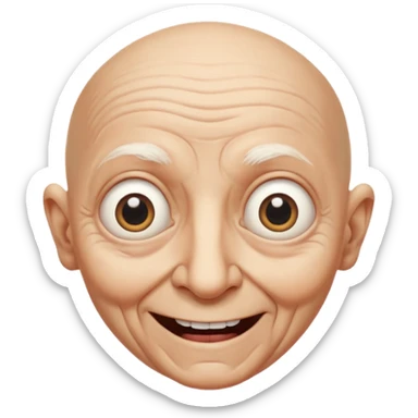 A bald person who’s very old is staring, head upright and looking at the camera with very wide eyes and a massive smile, in a very creepy way. sticker