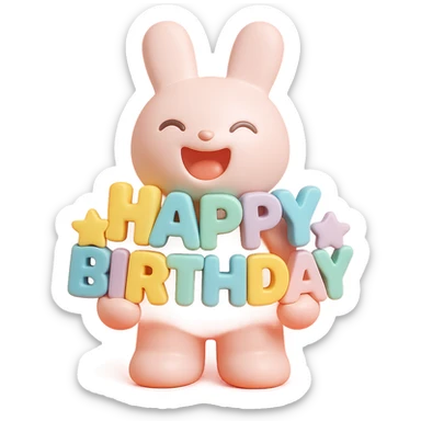 laughing bunny hugging 'Happy Birthday' letters with stars, full body, vinyl figure style sticker