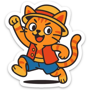 cat dressed as Luffy from One Piece, wearing a straw hat and red vest, playful pose, vibrant colors, no background, cartoon style sticker