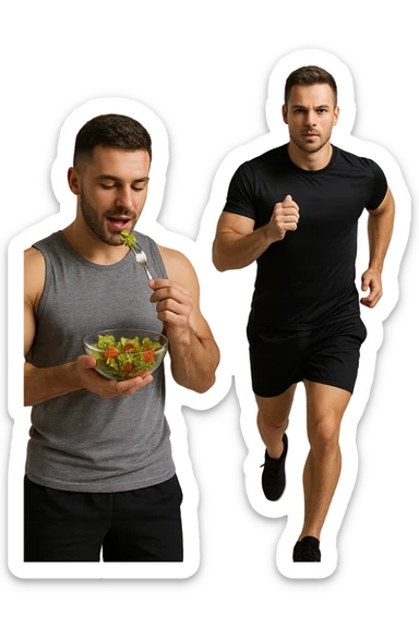 UOMO FITNESS CHE MANGIA INSALATA ACCANTO A UOMO FITNESS CHE CORRE IN POSA FRONTALE sticker