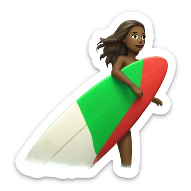dark brown long hair white girl surfing green red surf board in ocean sticker