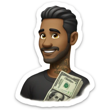 Handsome 40-year-old male that has a dollar symbol tattooed on his forehead in black ink sticker