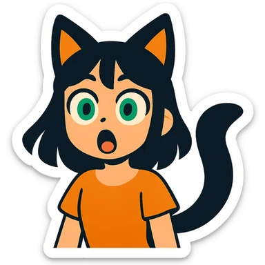 a surprised girl with huge green eyes, black fox ears, and a tail, dark hair sticker