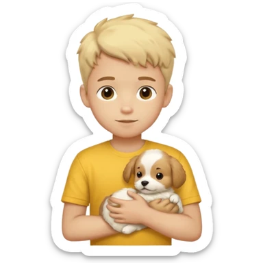 ["Light-skinned boy in yellow shirt, cradling a puppy."] sticker