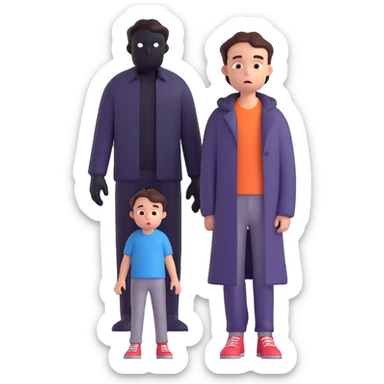 a scared child with a man silhouette behind the back sticker