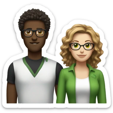 black male with spikey hair and glasses and white female with brown wavy hair , green eyes and glasses sticker