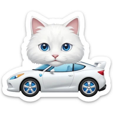 Please create a small emoji the size of 🚗 featuring a pure white cat with blue eyes on a white car side angle. sticker