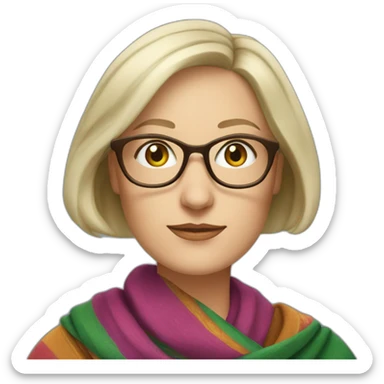 white-woman-with-graying-blonde-short-bob-green-eyes-and-brown-glasses-wearing-colorful-shawl sticker