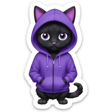 Black cat wearing a violet hoodie fursona (full body)  sticker