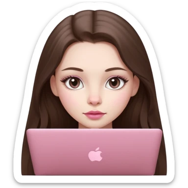 beautiful pale brunette girl, glossy lips and logn hair, soft pink cheeks and soft nose and eyelined cat eyes. using her pink mac book sticker