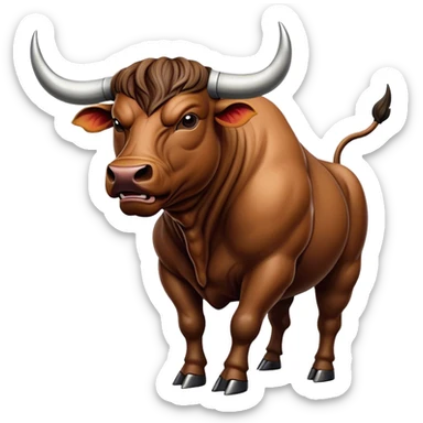 Cinematic Realistic depiction of a powerful Spanish charging bull, rendered with dynamic muscle definition and detailed, textured hide, set against a dramatic backdrop with intense, action-packed lighting sticker