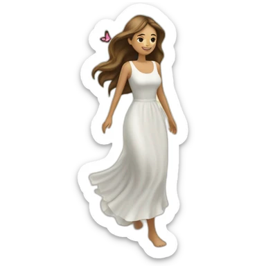 Mujer caminando en la playa y la brisa le mueve el cabello largo y crespo con un vestido largo y blanco del cual salen flores y mariposas volando sticker