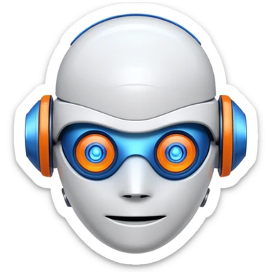 "Cartoon-style robot head with glowing blue eyes, white shell, orange-tipped arms, and blue gradient background" sticker