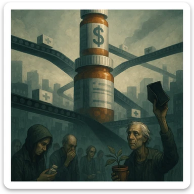 semi-realistic dystopian scene of a towering sleek pharmaceutical corporation building made of pill bottles and dollar signs, casting a shadow over a city of sick people; conveyor belts moving medicine boxes; in the foreground, a few individuals questioning or resisting, holding natural remedies or empty wallets; cold sterile atmosphere, rich in metaphor sticker