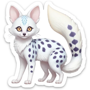 White Albino frosty snow-white whitish pastel-grey-spotted Serval-Civet-Genet-Trico-Furret-Linoone-Noibat-Espeon-Fakémon-Pokémon-animal-hybrid-fusion-creature (full body) with vibrant glowing eyes, cute, elegant, soft, realistic, pastel fur sticker