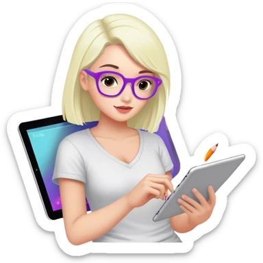 Create an emoji representing fanfiction writing. The design should feature a digital device tablet with visible text, symbolizing the creative process of writing fanfiction. Add a subtle reference to popular fictional characters or universes to indicate the fan aspect. Add stilus and pictures of pop stars in front of text on the screen of tablet. Use a playful, imaginative color palette, blending vibrant tones with soft neutrals. Do not include any emojis or smiley faces. Make the background transparent. sticker