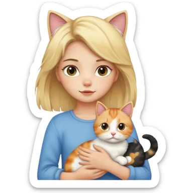 Chica rubia cargando a su gato tricolor  sticker