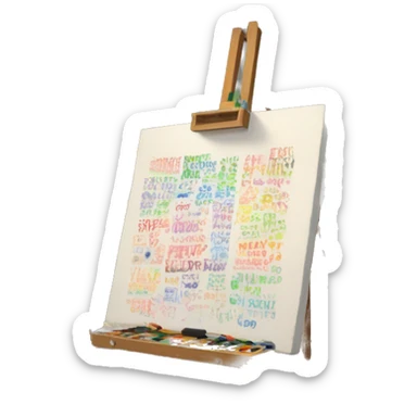 an image of an artist’s studio, complete with an easel, a palette filled with colorful words, and a half-finished painting that includes some sentences scattered across the canvas sticker