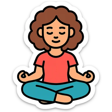 brunette girl with curly hair meditating, sitting cross-legged, colored icon sticker