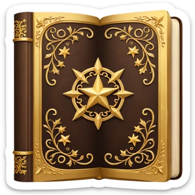 An open, ornately decorated book rendered in a highly detailed. The book's cover, framed with a broad, golden border, is a rich, dark brown, embellished with intricate golden filigree designs, including scrolling vines and decorative stars. sticker