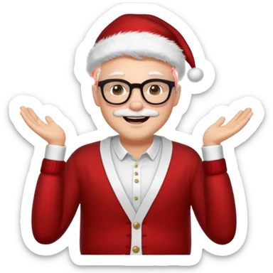 Middle aged white man wearing glasses, black short hair, hazel eye,  dressed as sexy hipster Santa in a cardigan, cute smile with teeth sticker