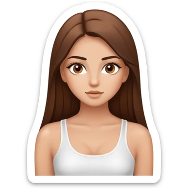 beautiful girl, long straight brown hair, brown eyes with lashes, wearing a white crop top, tan skin sticker
