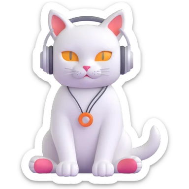 white cat, headphones, sitting, relaxed pose sticker