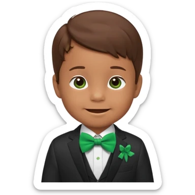 baby cute boy 5 years old, brown hair in suit, with green bow, smile sticker