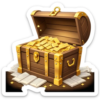 Glowing treasure chest overflowing with paper documents, sparkles, minimal style sticker