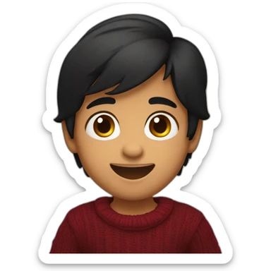 smiling and pointing north 3 years old indian with black hair wearing a dark red sweater sticker