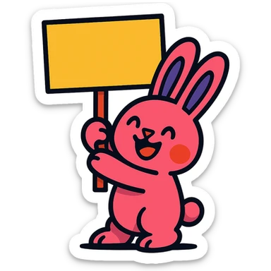 rosy bunny holding signboard high, vibrant-toon style sticker