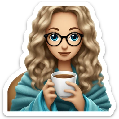Balayage hair Girl drinking coffee, with a cozy blanket wearing glasses with blue eyes beautiful  sticker