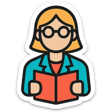 teacher icon with glasses holding a book, clean and modern style sticker