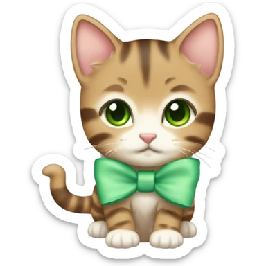 kawaii brown tabby kitten with green eyes and pastel green bow sticker