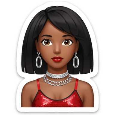 Kelly Rowland with black hair, red sequin crop top and neck bracelet sticker