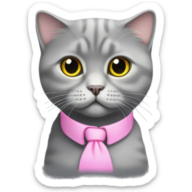 gray scottish fold cat with yellow eyes wearing a pink collar sticker