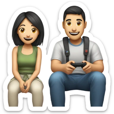 Cute Asian Couple sitting together and having fun playing video games sticker