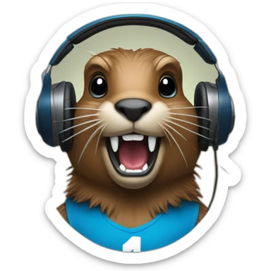 beaver with headphones, two longs teeths and blue 84 jersey sticker