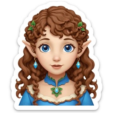 Kind Girl toymaker wood carving elf. Blue eyes. brown (just below chin length) wavy curly hair & bangs. Whimsical playful  sticker