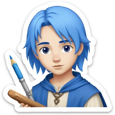 smart young painter apprentice with blu hair  drawing, medieval age sticker